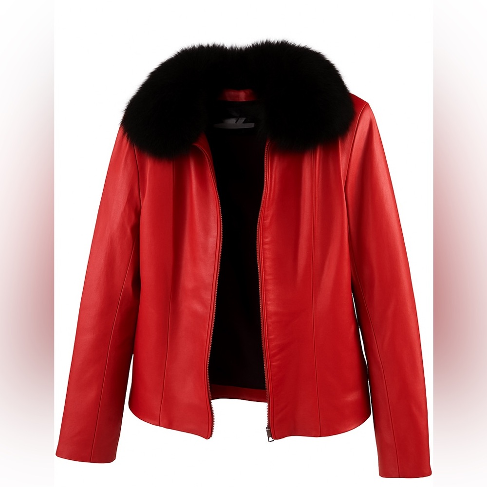 Vintage Red Leather Fur Collar Jacket 70s Mod Glam Rock Style | Real Fur Trim M - Picture 2 of 6